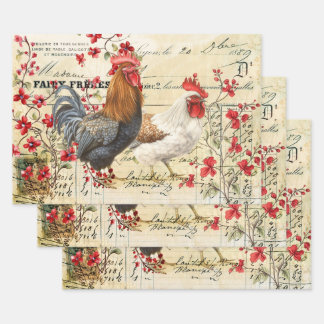 Vintages Rooster und Hen Ephemera Geschenkpapier Set