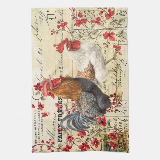 Vintages Rooster und Hen Ephemera Geschirrtuch (Vertikal)