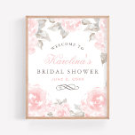 Vintages Rosa Aquarellfarben Rose Hochzeitsstich B Poster<br><div class="desc">Elegantes Hochzeitsdipling-Brautparty-Plakat begrüßt die Gäste im Brautparty. Das Design zeichnet sich durch einen rot-weiß-weißen Text aus,  der mit dem Namen und dem Duschdatum der Braut personalisiert werden kann,  gerahmt durch einen Rand von weichen rosa Rosen mit grün-grauen Blätter. Blume haben ein schönes Aquarellbild. Ideal für einen Frühlings- oder Sommeraufenthalt.</div>