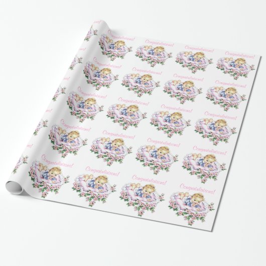 Vintages rosa Babyduschpapier Geschenkpapier (Ungerollt)