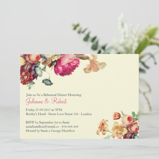 Vintages Rosa Blumenfest Probe Dinner Einladung (Stehend Vorderseite)