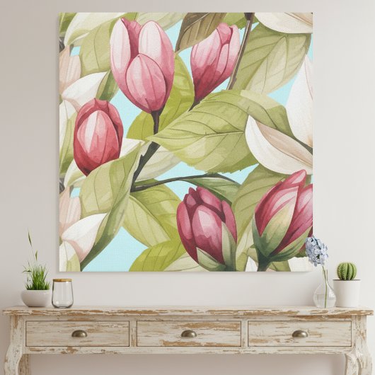 Vintages rosa Blumenmuster und Leaf-Muster Leinwanddruck