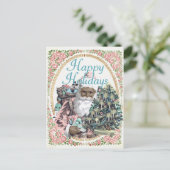 Vintages Rosa + Minze Schwarze Weihnachtsfeiern Feiertagspostkarte (Stehend Vorderseite)
