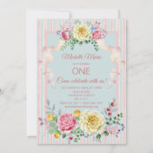 Vintages rosa Mit Blumenblau-erster Geburtstag Einladung (Vorderseite)