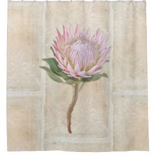 Vintages rosa Protea-Blumen-Farn-Damast-TAN-Muster Duschvorhang