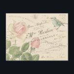 Vintages Rosa Rose Blue Bird Collage Postkarte<br><div class="desc">Vintage Collage von französischem Text und handgeschriebenem Drehbuch,  rosa botanische Rose Blume,  blauer Singvogel und Bienenabbildungen.</div>