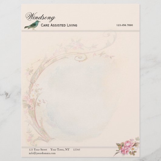 Vintages rosa Rosen-und Robin-Hochzeits-Geschäft Briefkopf (Vorderseite)