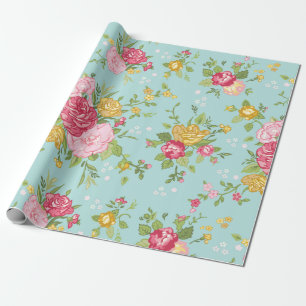 Vintages rosa Roses Bouquet Blumenmuster Aquamarin Geschenkpapier