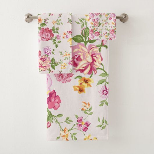 Vintages rosa Roses Bouquet Blumenmuster  Badhandtuch Set (Insitu)