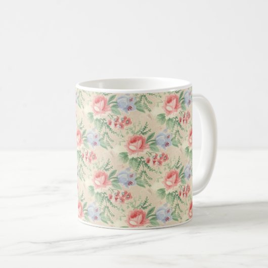 Vintages rosa und blaues Blume-Muster Kaffeetasse (VorderseiteRechts)