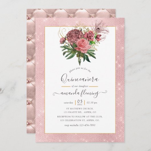 Vintages Rosa und Goldmasquerade Quinceñera Einladung (Vorne/Hinten)
