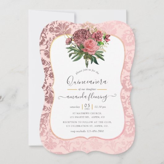 Vintages Rosa und Goldmasquerade Quinceñera Einladung (Vorderseite)