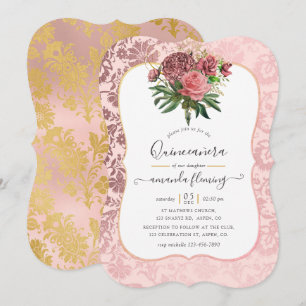 Vintages Rosa und Goldmasquerade Quinceñera Einladung