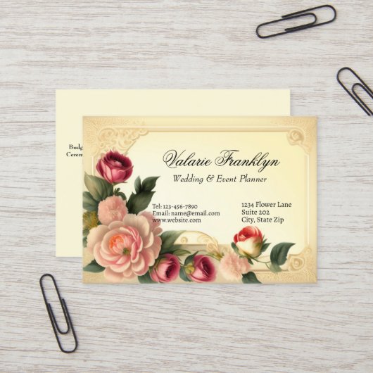 Vintages Rosa und Rote Rosen Eleganter Hochzeitspl Visitenkarte (Vorderseite/Rückseite Beispiel)