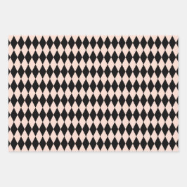 Vintages rosa und schwarzes Harlequin-Muster Geschenkpapier Set