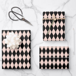 Vintages rosa und schwarzes Harlequin-Muster Geschenkpapier Set