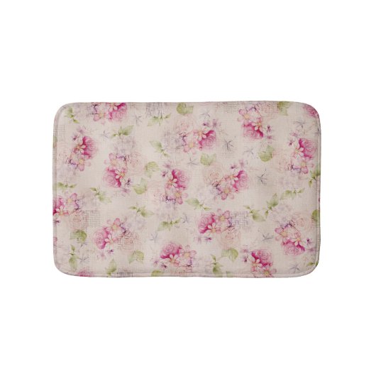 Vintages rosa weißes grünes Rosen-Blumenmuster Badematte (Vorderseite)
