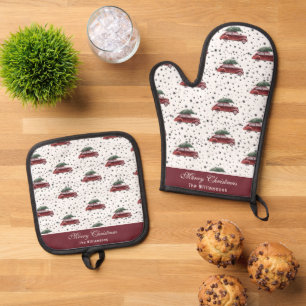 Vintages Rotes Auto mit Weihnachtsbaum Personalisi Ofenhandschuh & Topflappen-Set