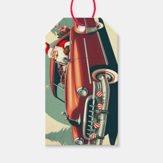 Vintages rotes Auto & Santa Geschenkanhänger (Vorderseite)