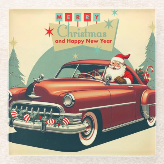 Vintages rotes Auto & Santa Glasuntersetzer (Vorderseite)
