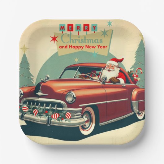 Vintages rotes Auto & Santa Pappteller (Vorderseite)