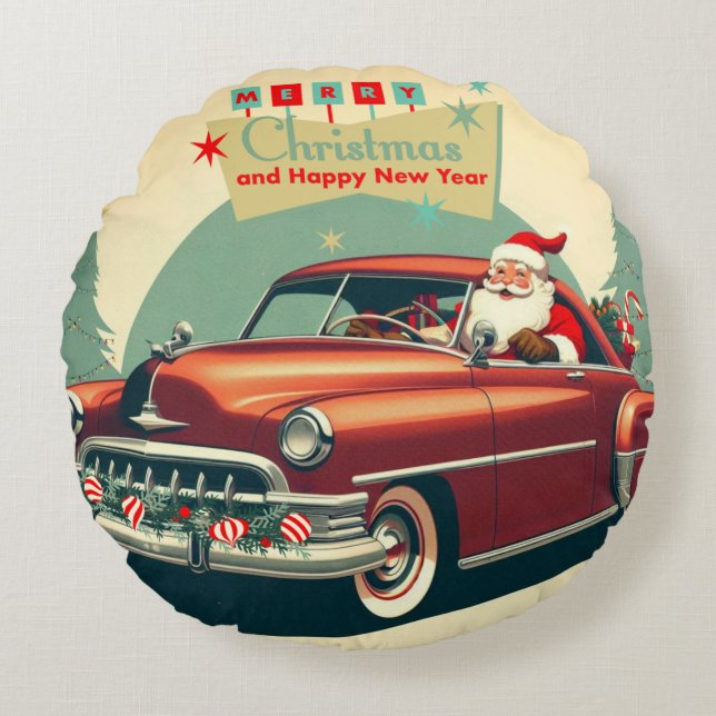 Vintages rotes Auto & Santa Rundes Kissen (Vorderseite)