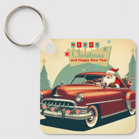 Vintages rotes Auto & Santa Schlüsselanhänger (Vorderseite)