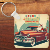 Vintages rotes Auto & Santa Schlüsselanhänger (Vorderseite)