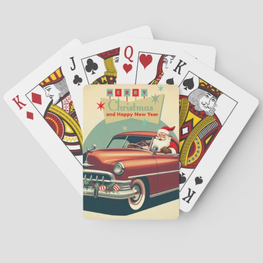 Vintages rotes Auto & Santa Spielkarten (Rückseite)