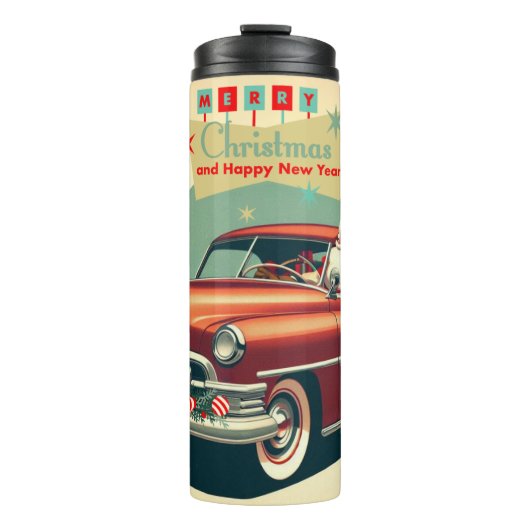 Vintages rotes Auto & Santa Thermosbecher (Vorderseite)