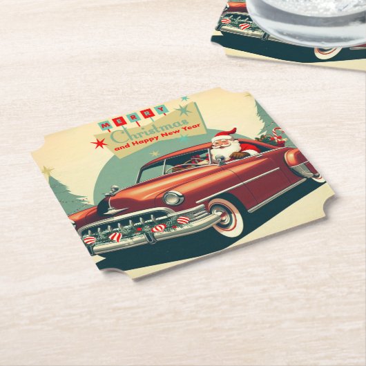 Vintages rotes Auto & Santa Untersetzer (angewinkelt)