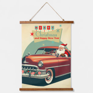 Vintages rotes Auto & Santa Wandteppich Mit Holzrahmen