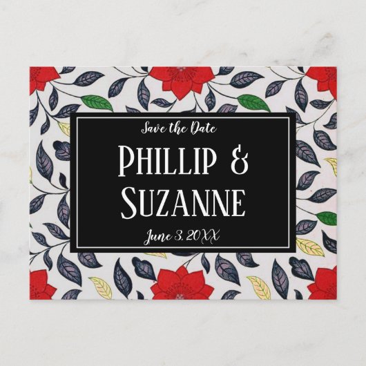 Vintages rotes Blumenmuster Save the Date Ankündigungspostkarte (Vorderseite)
