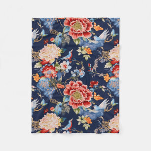 Vintages Rotes Chinoiserie Blumen Fleecedecke