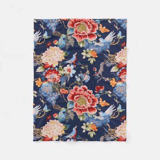 Vintages Rotes Chinoiserie Blumen Fleecedecke (Vorderseite)
