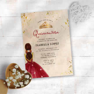 Vintages Rotes Gold Elegantes Kleid Quinceñera Einladung