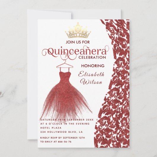 Vintages rotes Kleid Damask gold tiara Quinceañera Einladung (Vorderseite)
