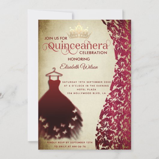 Vintages rotes Kleid Damask gold tiara Quinceañera Einladung (Vorderseite)