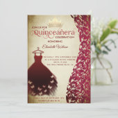 Vintages rotes Kleid Damask gold tiara Quinceañera Einladung (Stehend Vorderseite)