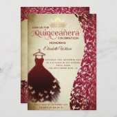 Vintages rotes Kleid Damask gold tiara Quinceañera Einladung (Vorne/Hinten)
