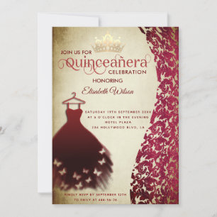 Vintages rotes Kleid Damask gold tiara Quinceañera Einladung
