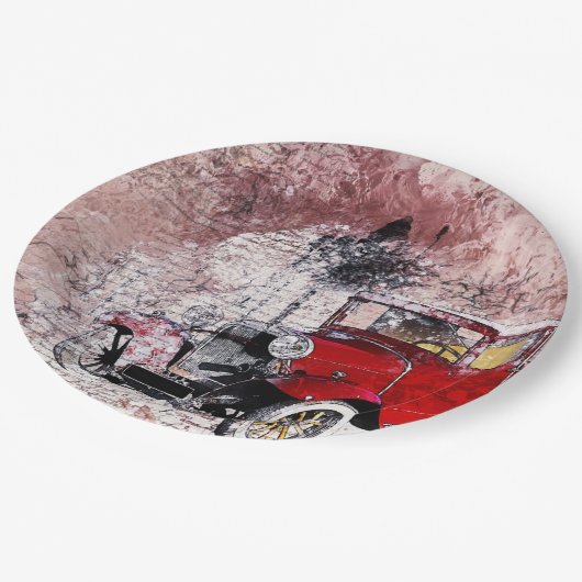 Vintages rotes Kunstauto  Pappteller (Schrägansicht)