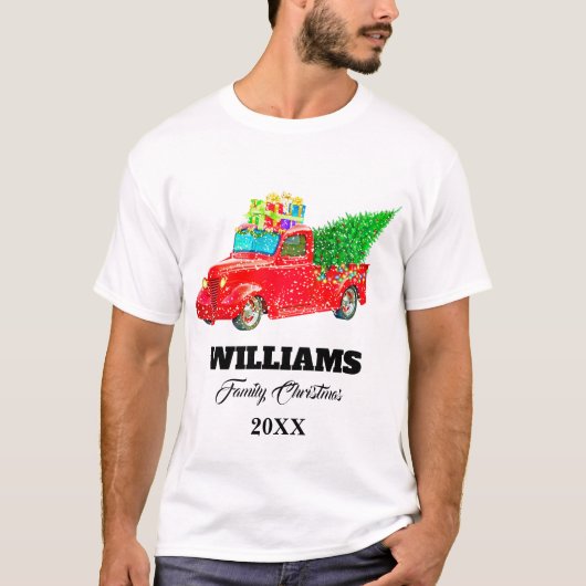 Vintages rotes LKW-Familien-Weihnachten T-Shirt (Vorderseite)