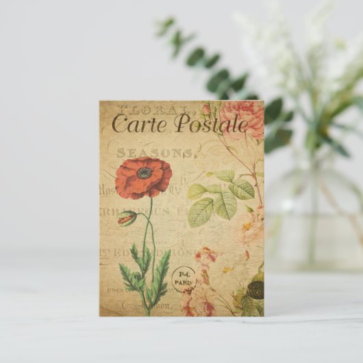 Vintages Rotes Mohn Blume Blumenfranzösisch Postkarte (Stehend Vorderseite)
