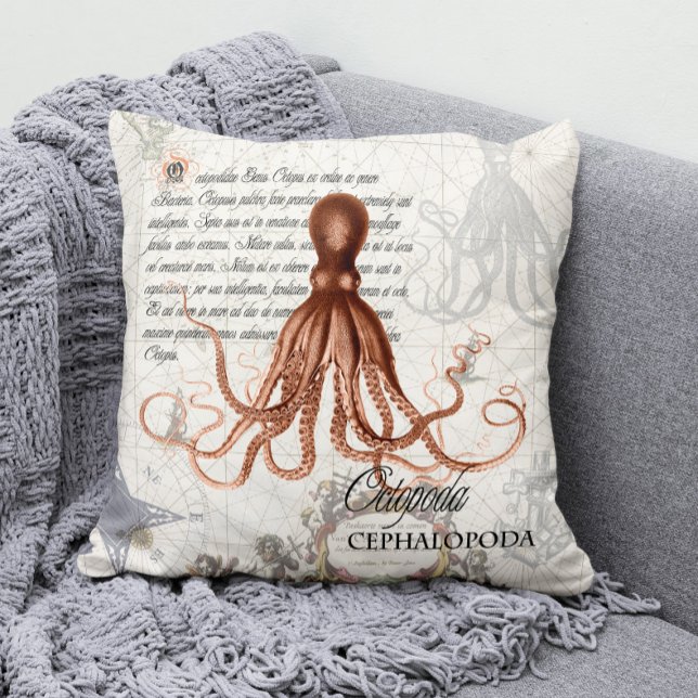 Vintages rotes Oktopus Kissen (Modern Vintage Nautical Octopus Throw Pillow for Your Coastal Decor )