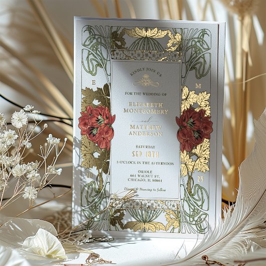 Vintages Rotes Tulpis und Hochzeit Jugendstil Folieneinladung