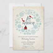 Vintages Rotes und Blaues Land Schneeflocken Weihn Einladung (Vorderseite)