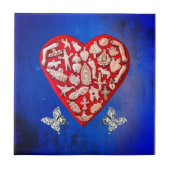 Vintages Rotes und Silberes Milagroherz mit Schmet Fliese (Vorderseite)