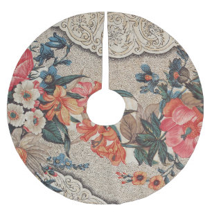 Vintages, rotes, weißes Blume Polyester Weihnachtsbaumdecke