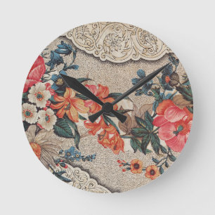 Vintages, rotes, weißes Blume Runde Wanduhr